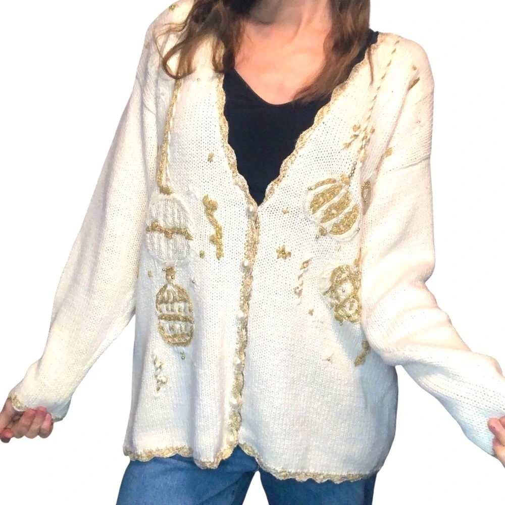 Vintage 90's Jacqueline Ferrar Sweater Cardigan Sz M Cream Gold Ornament Ramie